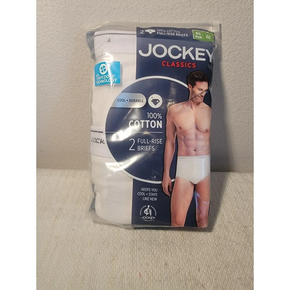 Jockey Classics BIG MAN 2 Pc Pack Full Rise Briefs Size 48 White 100% Cotton NEW